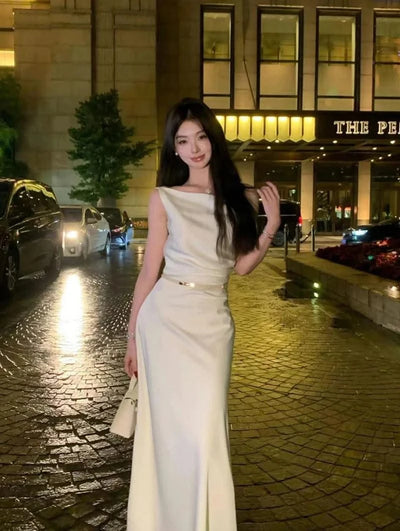 Satin Sexy Off Shoulder Dress Women Pink Skinny Elegant Soft Dress Classic Fashion Party Evening Gown Sleeveless Lady Vestidos