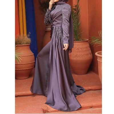 Luxury Dubai Women Evening Dresses Long Sleeve High Neck Appliques Sequine Chapel Train Pleat Gowns Formal Occasion Vestidos