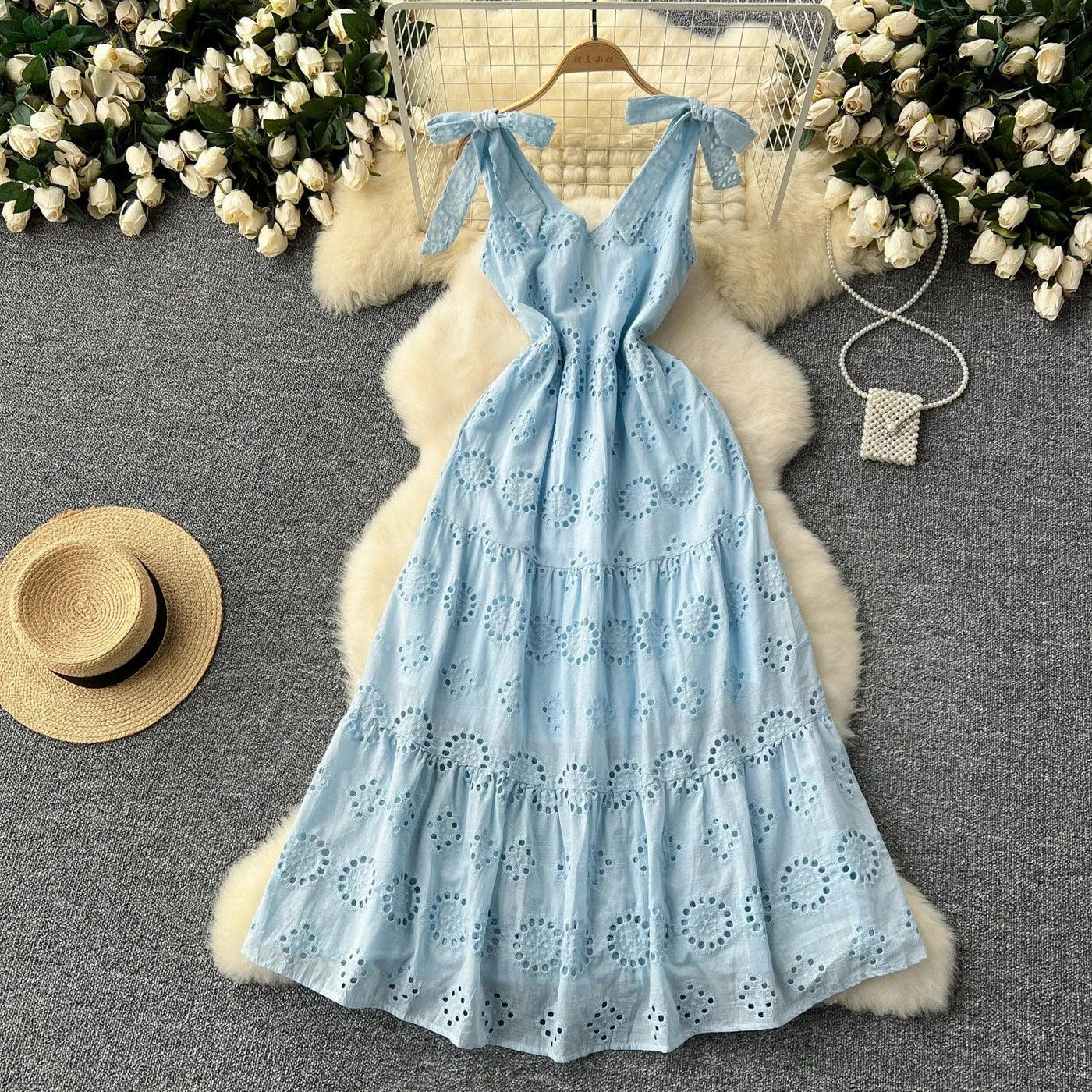 French Vintage Hollow Out Embroidery Butterfly Bow Bandage Slip Dress A-line Chic Casual Beach Vacation Women Summer Dresses