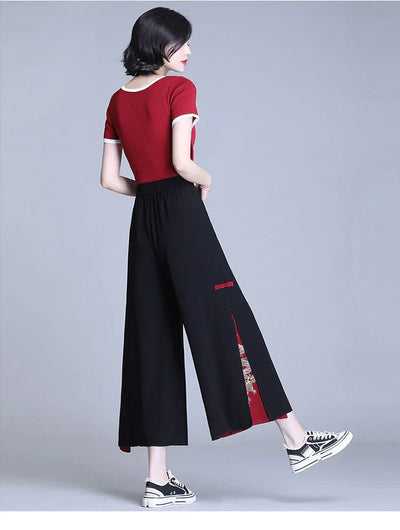 Fashion Women Trousers High Waist Wide Leg Pants Chiffon Slit Culottes Cheap Wholesale Elastic Waist Cropped Pants Free Shipping