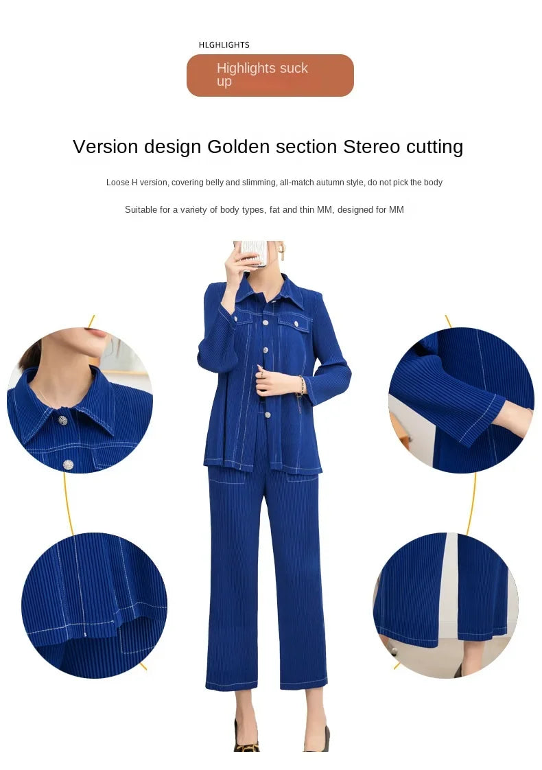Wrinkle fashion casual suit for women high-end and casual loose fit plus size shirt collar top straight leg pants [20240514]