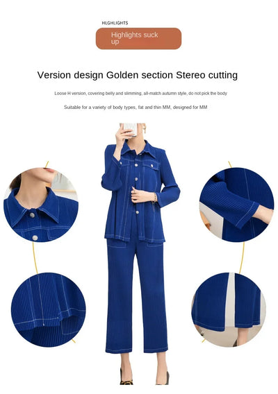 Wrinkle fashion casual suit for women high-end and casual loose fit plus size shirt collar top straight leg pants [20240514]