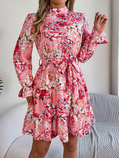 Spring Summer Flower Print Standing Neck Long sleeved Dresses for Women Ruffle Edge A-line Dress
