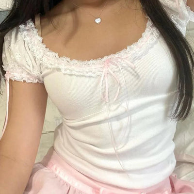 Lace Trim T-Shirts For Women Short Sleeve Crop Tops with Bow Sweet Kawaii Y2k Clothes Streetwear