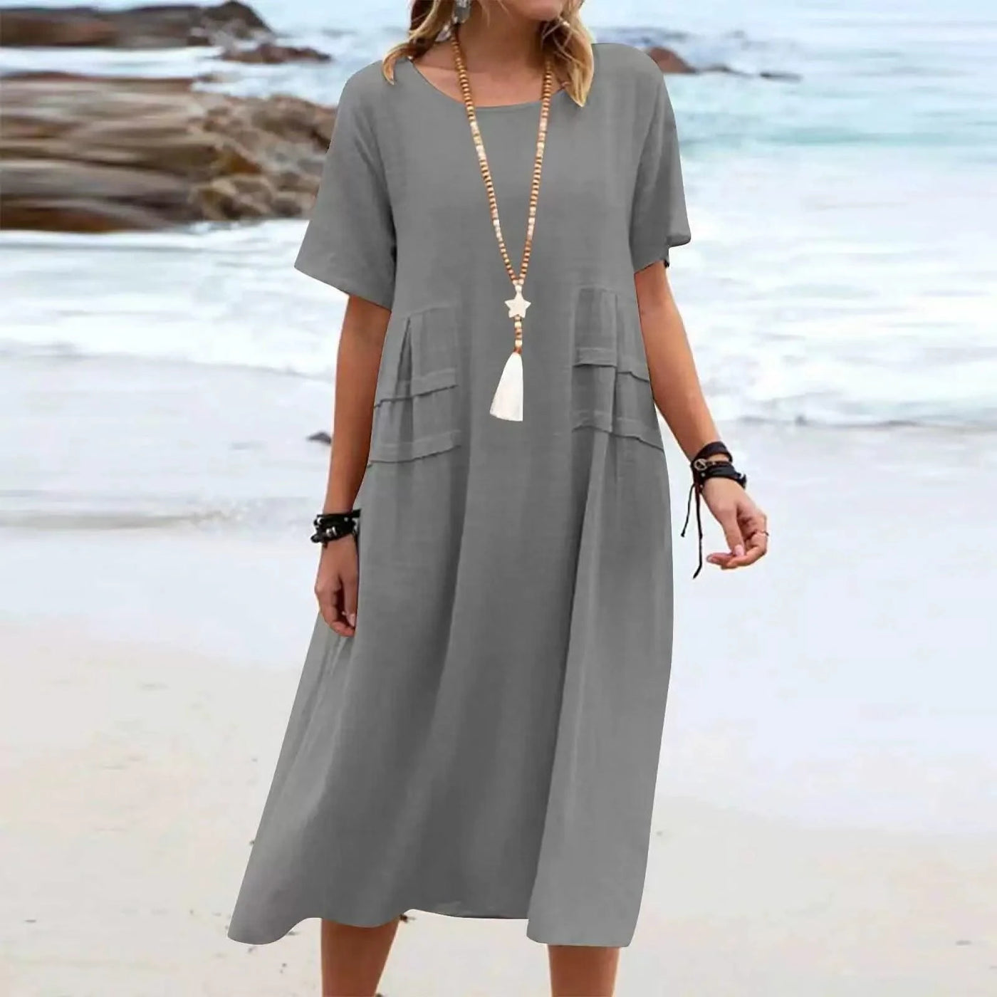 2025 Summer Fashion New Women's Elegant Long Cotton and Hemp Dress Round Neck Vacation Short Sleeve Medium Long Dress
