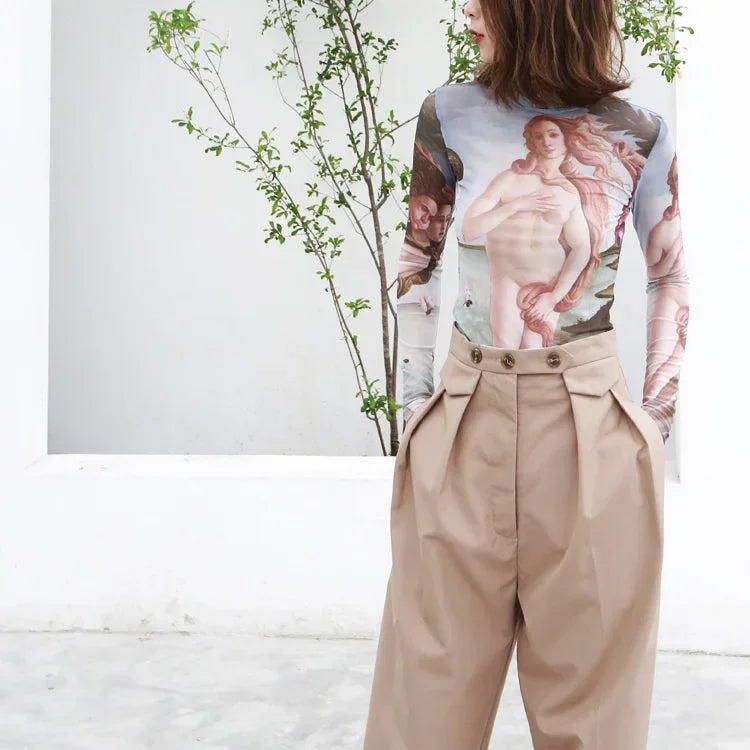 Yuerwang Women T Shirts tee tops Mesh top mesh shirts Print long sleeve 2022 Vintage Spring Summer Women T shirts designer