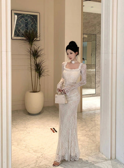 Women Korean Fashion Chic Luxury Evening Dress Autumn Winter White Lace Diamond Square Collar Dress 2025 Elegant Mermaid Dresses
