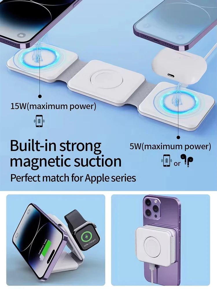 Wireless Charger 3 in 1 Charging Station for iPhone 15/14/13/12 Series Travel Charger for Multiple Devices for AirPods 3/2/Pro A