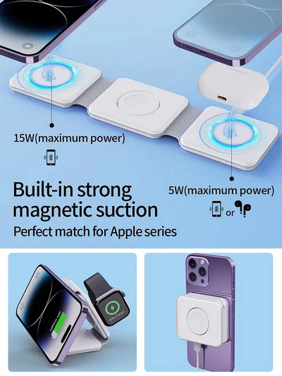 Wireless Charger 3 in 1 Charging Station for iPhone 15/14/13/12 Series Travel Charger for Multiple Devices for AirPods 3/2/Pro A