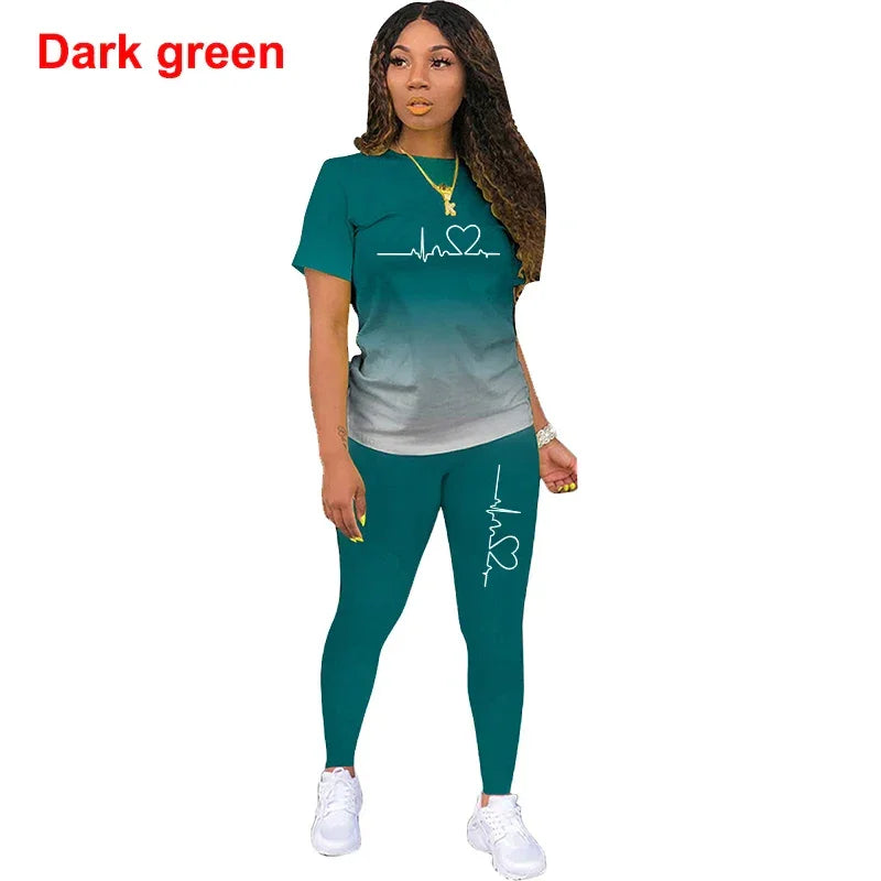 Summer Two Piece Set Women Tracksuits Sets ECG Printed T Shirt Pants Sports Suit For Women Clothing