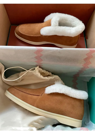 Fur Ankle Boots Women's Cow Suede Loafers High Quality 2025 Winter Flat Shoes Fur Integrated Warm Snow Boots