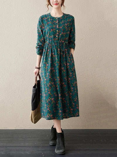 Long Sleeve Cotton Linen Vintage Floral Print Dresses For Women 2025 New Spring Autumn Casual Dress Robe Femme Elegant Clothing