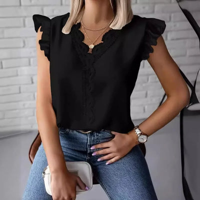 Sexy V Neck Sleeveless Lace Patchwork Blouse Shirts Summer Women Ruffle Loose Blouse Tops SZE-ST24019