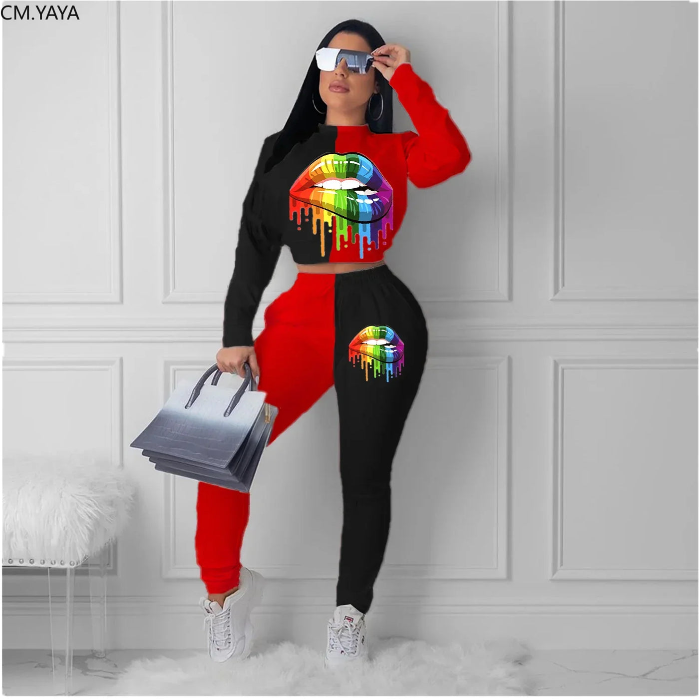 2019 Autumn Winter Women Tracksuits Turtleneck Mouth Print Long Sleeve Top Long Pants two piece set Casual Sporty Outfits L5093