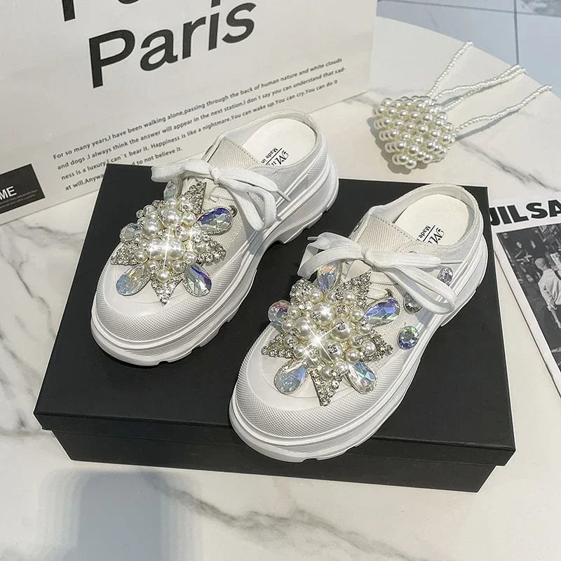 Spring New Women Sneakers Slipper Designer Platform Mules Flat Sandal Sweet Casual Lace Up Pearl Crystal Shallow Ladies Shoes