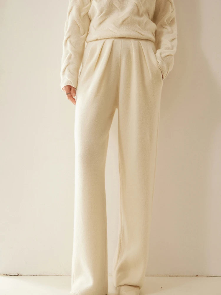 ADDONEE Women 100% Cashmere Pants Pleated Waist Wide Leg Pants Casual Simple Style Autumn Winter Cashmere Knit Trousers Luxury