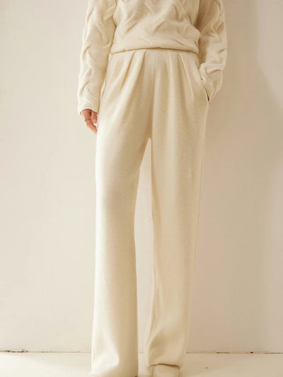 ADDONEE Women 100% Cashmere Pants Pleated Waist Wide Leg Pants Casual Simple Style Autumn Winter Cashmere Knit Trousers Luxury