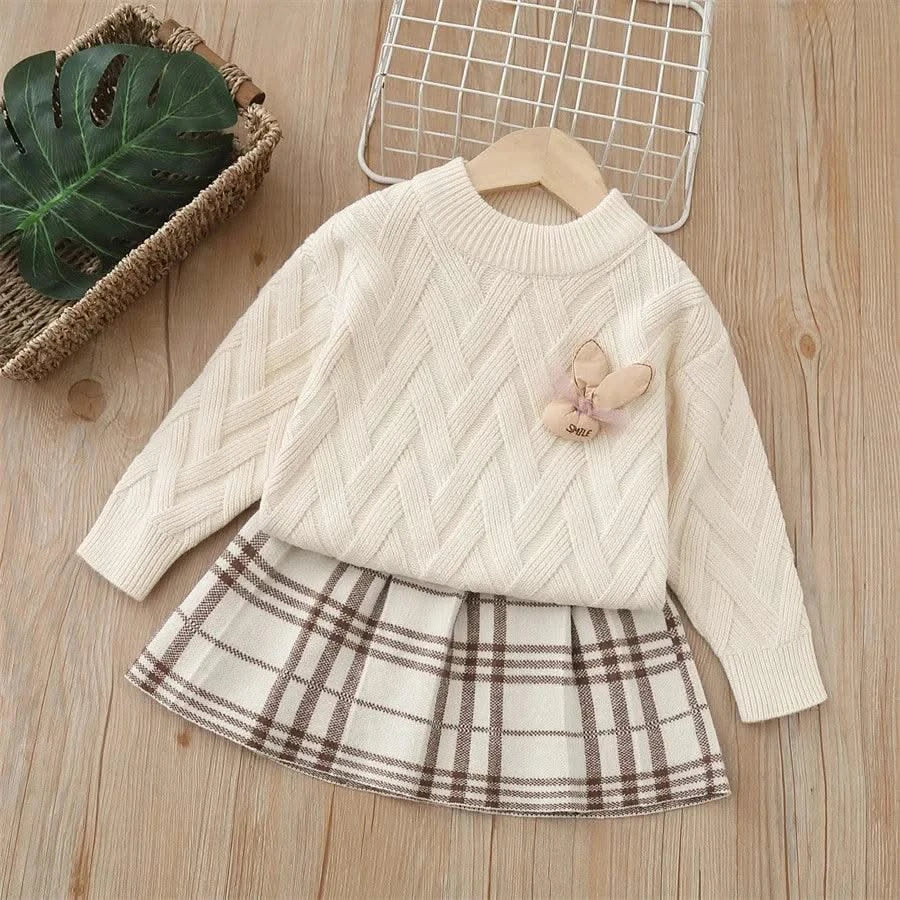 Two-Piece Kids Rabbit Appliques Sweater Tops With Pleated Skirt Suit |Casual Clothes Girls, Children | Autumn Outfits