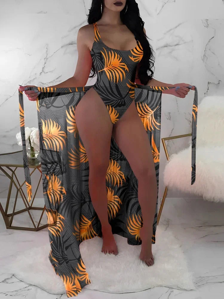 2024 New Summer Bikinis Set Sexy Backless Print Bikinis 3 Piece Set Women Smock Split Swimsuit High Waist Vacation Beach Bikinis