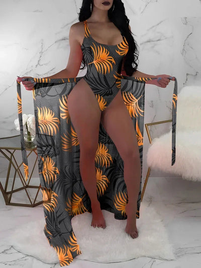 2024 New Summer Bikinis Set Sexy Backless Print Bikinis 3 Piece Set Women Smock Split Swimsuit High Waist Vacation Beach Bikinis