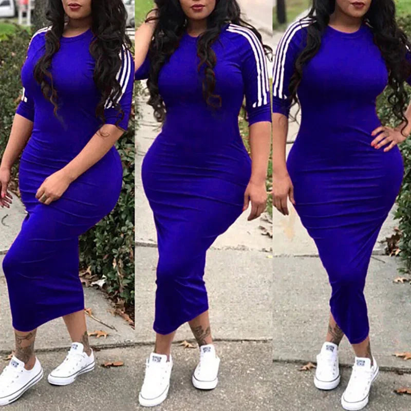 Summer Elegant Dress  for Women 2022 Fashion Casual Half Sleeve Stripe O Neck Mid Female Bodycon Dress vestidos