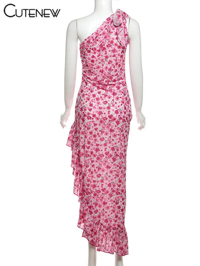 Cutenew Floral Print Women Midi Dresses Fashion Incline Shoulder Bandage Ruffle Splited Vestidos Female Vacation Street Bodycon