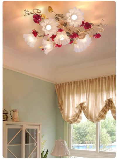 Home Decor Pastoral Retro LED Ceiling Lamp Warm Romantic Flower Chandeliers Fixtures for Living Room Bedroom Lighting Luminaire