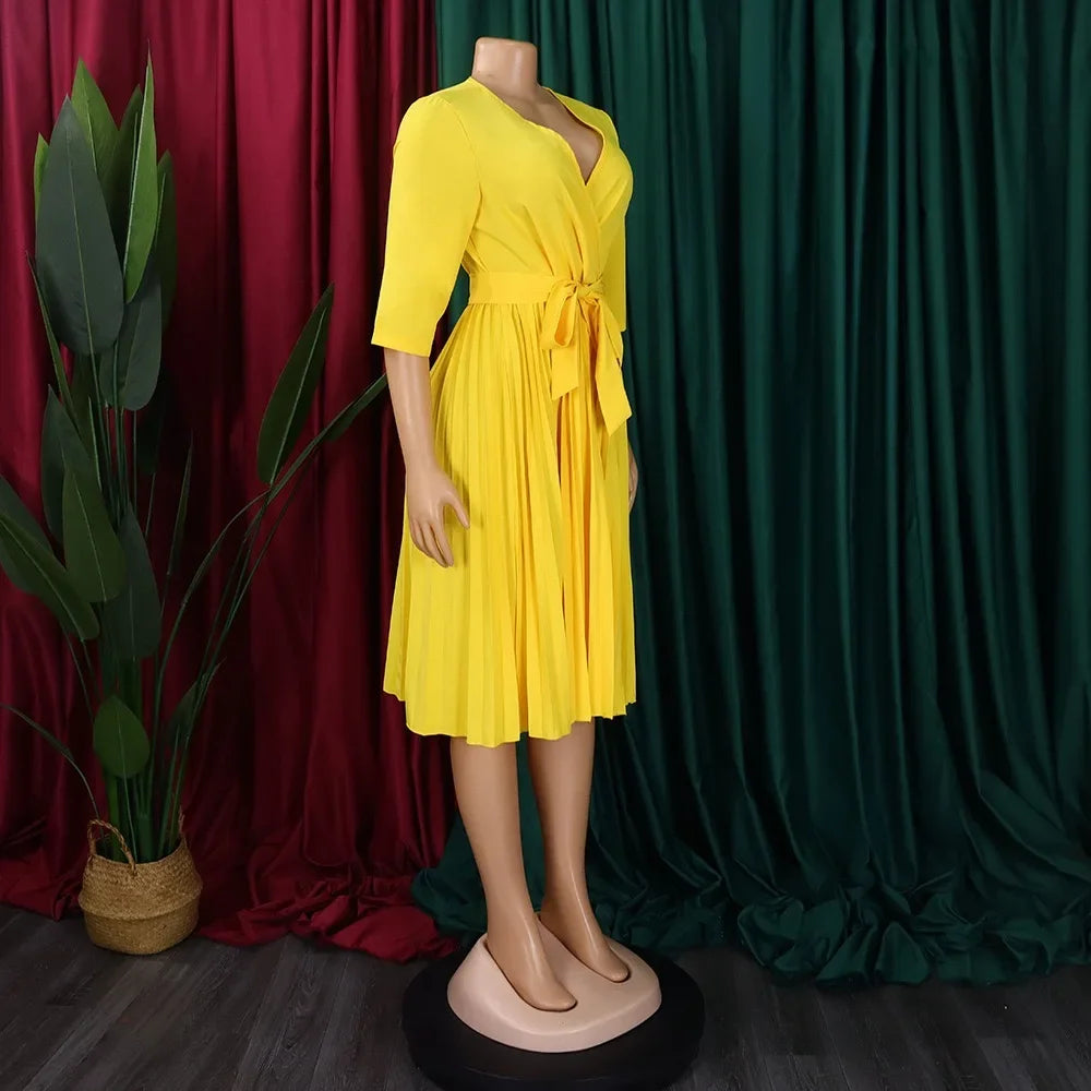 Elegant Office Dresses for Women Professional V Neck Full Sleeve Sashes Pleated Mid Calf Formal Business Work Wear Dress Midi OL