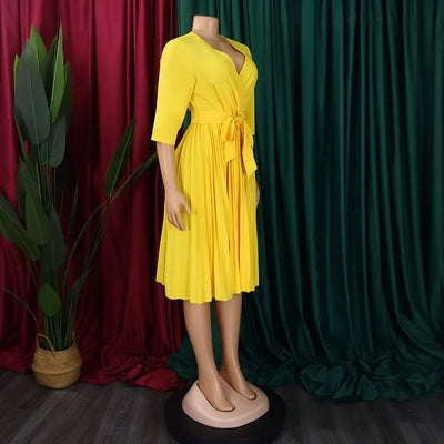 Elegant Office Dresses for Women Professional V Neck Full Sleeve Sashes Pleated Mid Calf Formal Business Work Wear Dress Midi OL