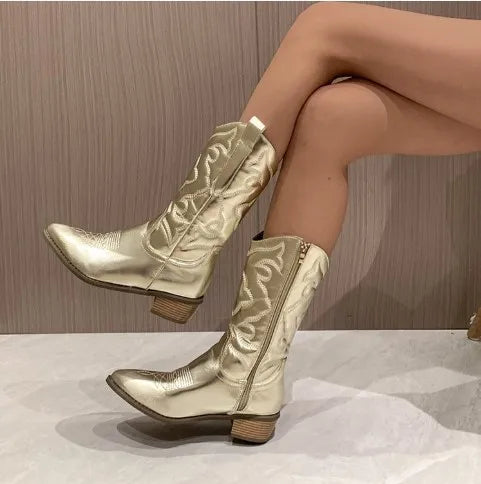 Women's Boots Fashion Pointed Toe Leather Boots Retro Embroidery Western Cowboy Boots for Women Thick Soled Mid-calf Boot Botas