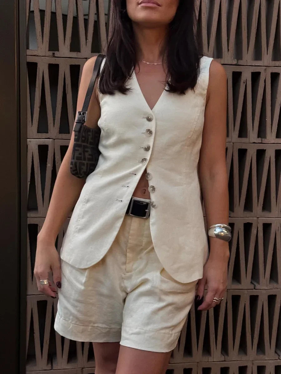 Cotton and Linen Chic Casual Vest Shorts Set Women Summer New Fashion Commuter Sleeveless Single Breasted Tank Top Shorts Suits