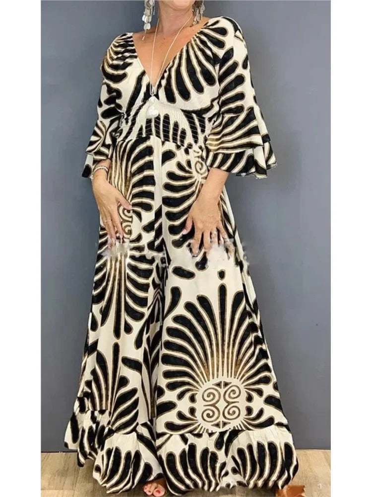 Fashion Print Jumpsuit Female Casual Deep V Neck Ruffles Three Quarter High Waist Wide Leg Pants Jumpsuits Women Summer Clothes