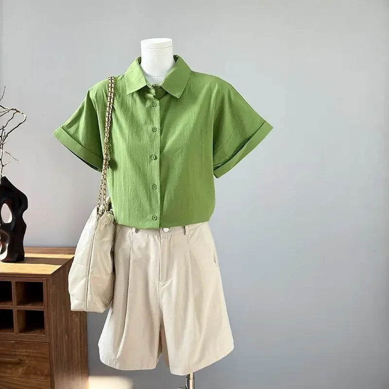 Women Clothing Summer Fashion Casual Button Solid Color Polo Collar Female Simplicity Temperament Appear Thin Short Sleeve Tops