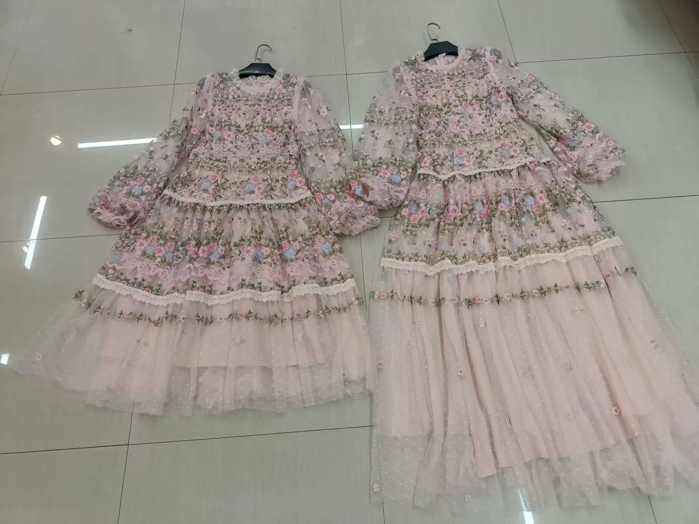 QMQA Fashion Women's Embroidery Dresses Round Neck High Waist Bow Mesh Spliced Long Sleeve Elegant Dress Female 2024 1A102