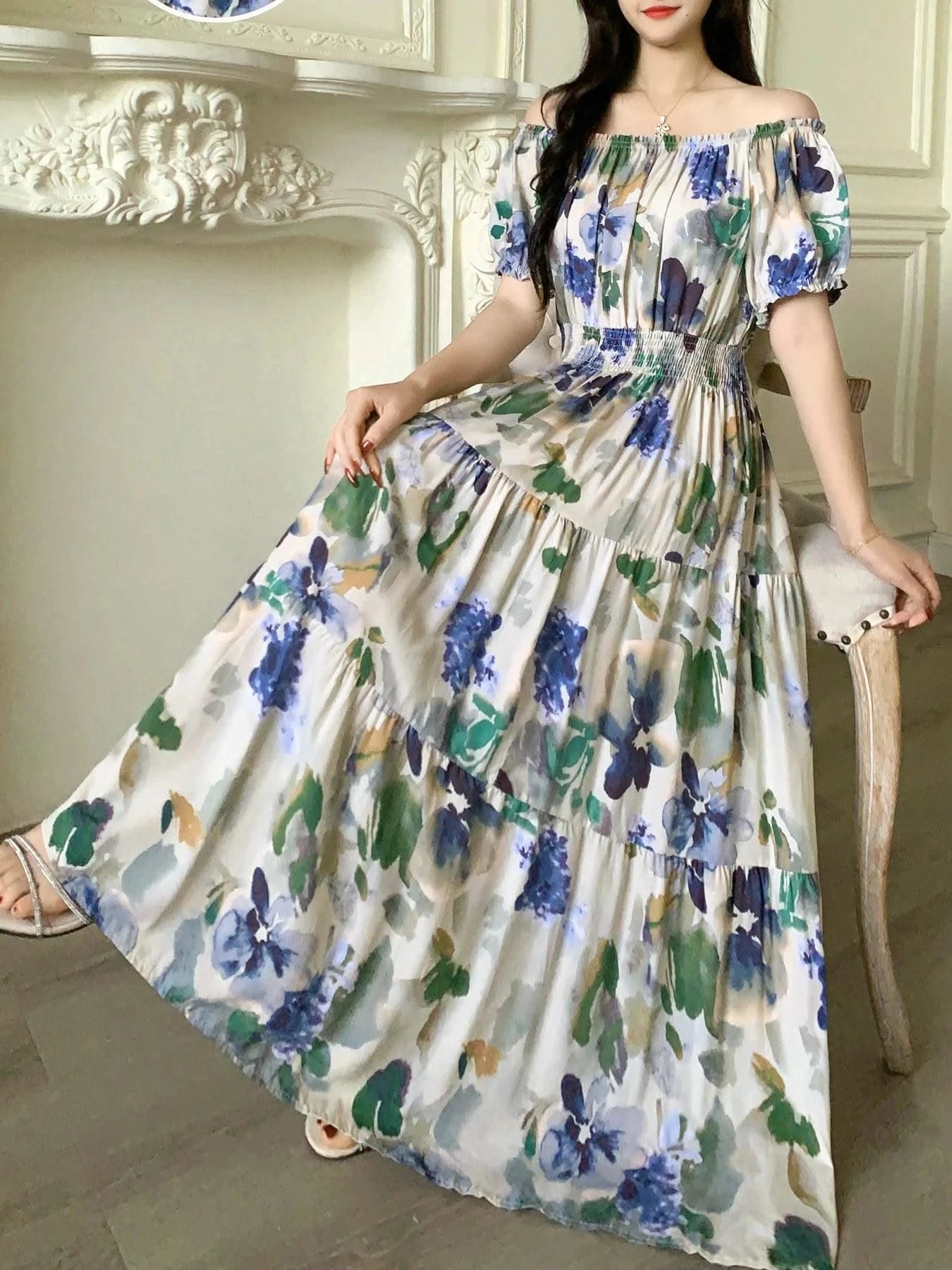 Women's Floral Summer Fashion Women's Print One-line Shoulder Dress Summer Beach Vacation Dress Causul Dress for Women