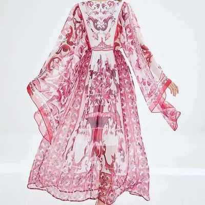 Women Maxi Chiffon Dress Summer Bohemian Rabbits Flower Porcelain Print Clothing Floor Length Flare Sleeve Long Vestidos