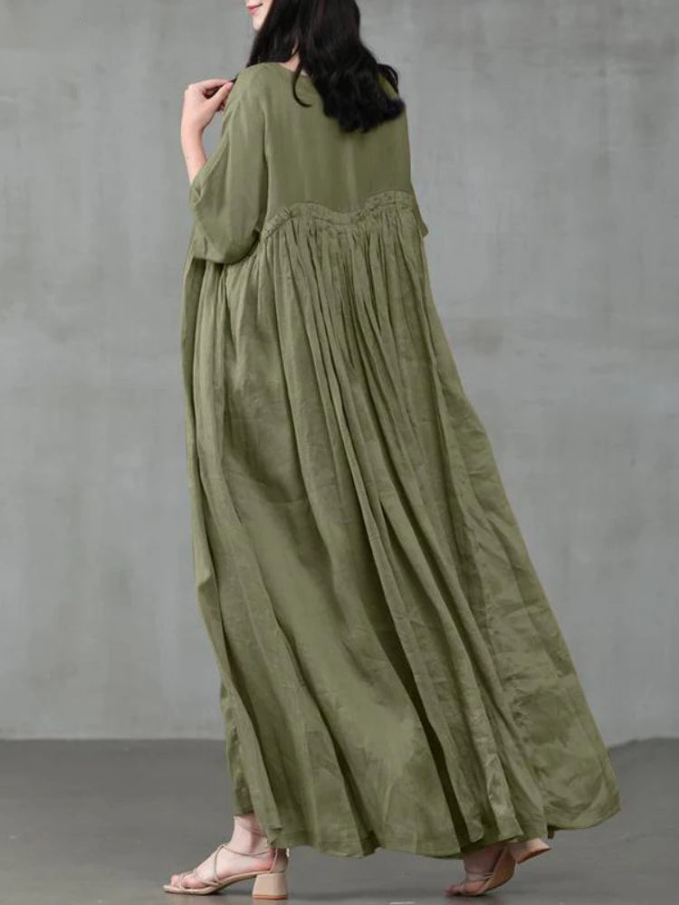 Summer Dresses Women 2023 Casual Fashion Solid Color Round Neck Pleated Cotton Linen Long Dress Elegant Dresses for Women Robe