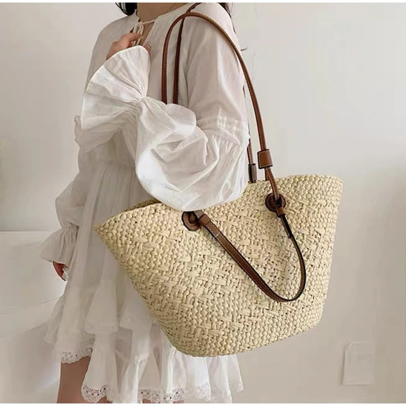 Designer Bohemian Chic Shoulder Bag,Solid Color Large Capacity Straw Woven Tote Bag,Nature-Inspired Beach Vacation Women Handbag
