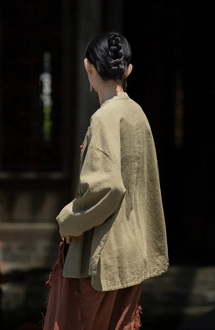 Cotton Linen Women's Literary Vintage Ramie Tops Shirt Women's Patchwork Colour Plate Button Lapel Cardigan Jacket Chinese Style