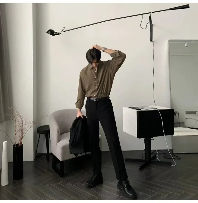 Oversized Casual Jacket Trendy Loose Shirt Men's Long-Sleeved Shirt Spring and Summer Brown TOP