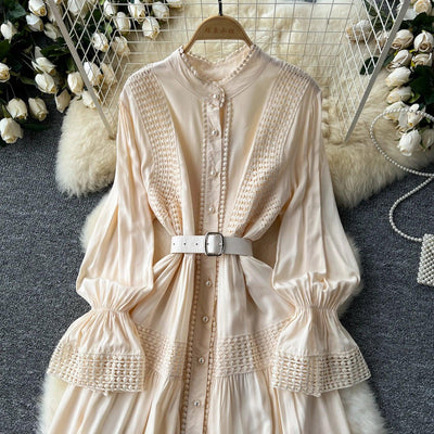 Retro Elegant Summer Stand Collar Flare Sleeve Single Breasted Lace Spliced Dress A-line French Evening Party Women Dresses
