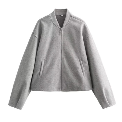 Women's Soft Bomber Jacket High Collar Long Sleeve Zipper Front Pocket