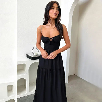 BOOFEENAA Halter Backless Maxi Long Dress Sexy Vacation Outfits White Black Summer Dresses for Women Clothes 2024 C66-CH28