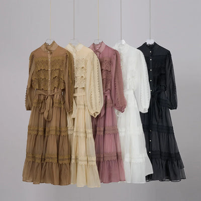 Luxury Long Dresses Women 2025 Spring Summer Embroidery Ruffle Lace Pearl Hollow Out Party Midi Dress Shirt Full Sleeve Vestidos