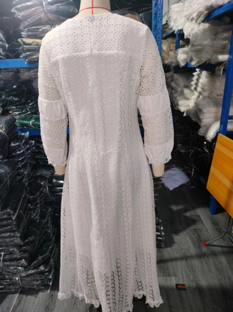 White Lace Dresses for Women Wedding Guests Elegant Turn Down Collar Puff Sleeves Pleated Hem Midi Dress Luxury Occasion Clothes