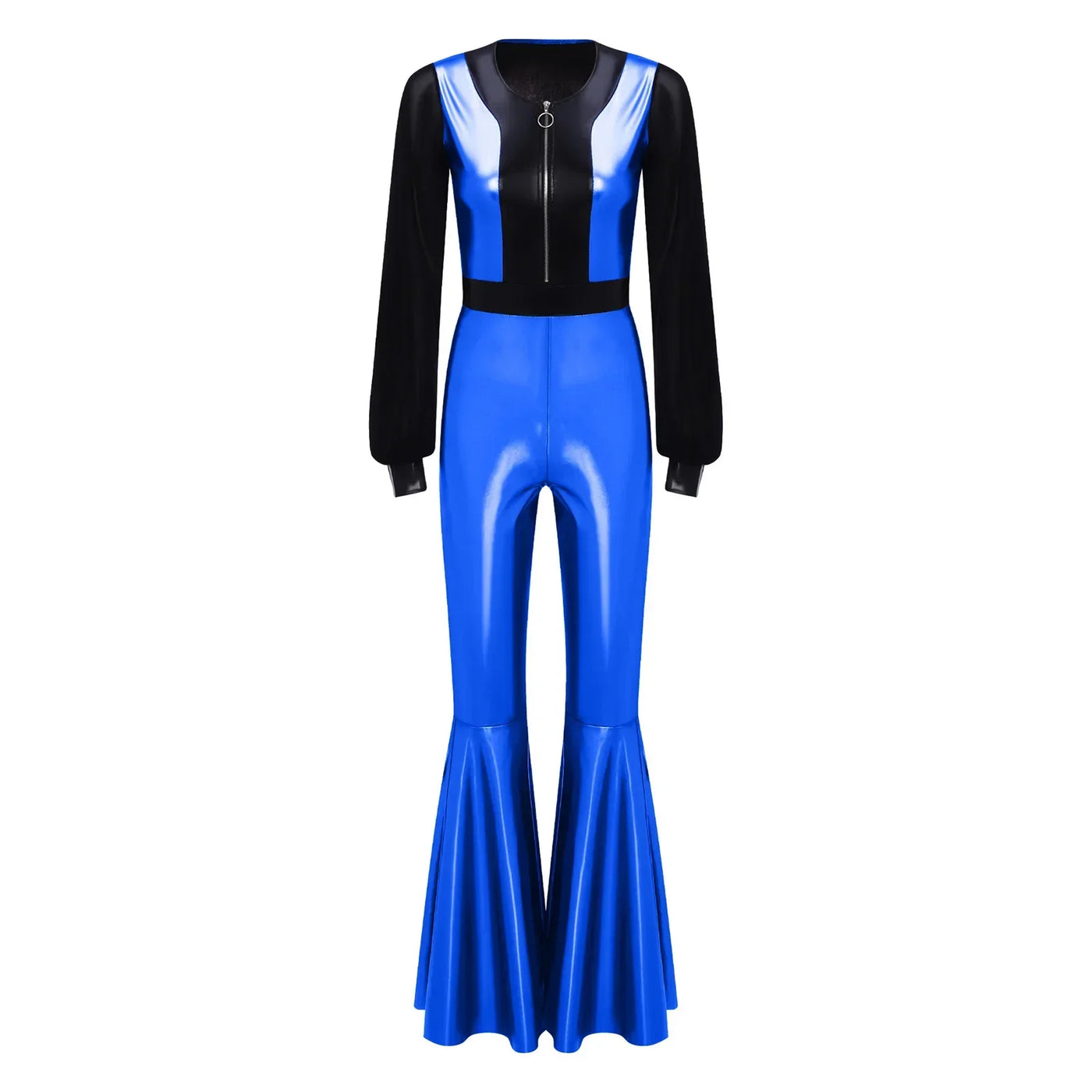 Womens Vintage 70s 80s Disco Dance Jumpsuit Mesh Long Sleeve Bell Bottom Pants Metallic Shiny Rompers Bodysuit Halloween Costume