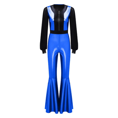 Womens Vintage 70s 80s Disco Dance Jumpsuit Mesh Long Sleeve Bell Bottom Pants Metallic Shiny Rompers Bodysuit Halloween Costume