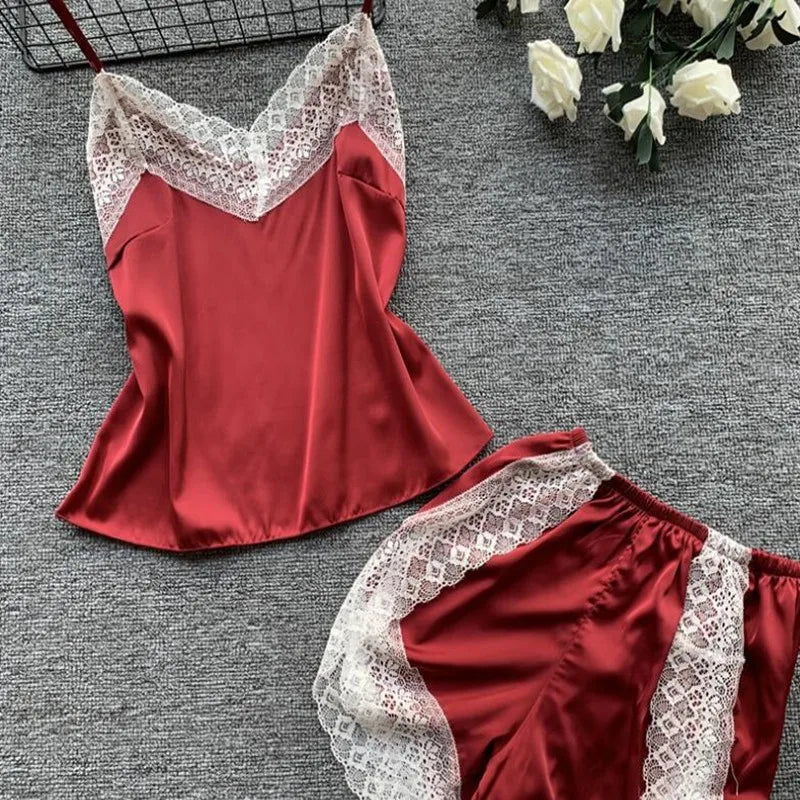 Women's Sleepwear Set Sexy Lace Trim Sleeveless Camisole Shorts Pajama Sets Summer Two Piece Nightwear Loungewear for Women ﻿
