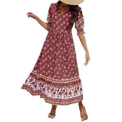 dresses for women Fashion summer Casual long dresses Bohemian V-Neck Printed High Waisted Big Swing Dress vestidos cortos