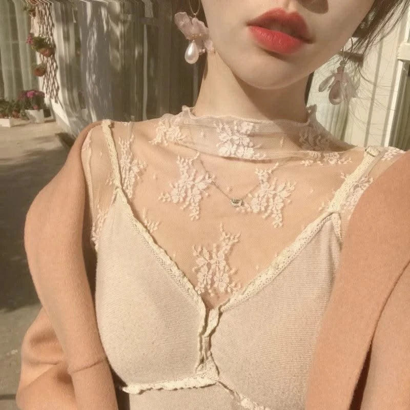 Women Mesh T-Shirts Transparent Lace Blouse Long Sleeve See Through Tops